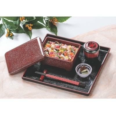 ★正角木目盆黒天朱9寸 黒天朱