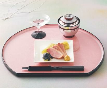 半月盆 半月タイコ隅丸盆ピンク雲流渕黒尺3寸