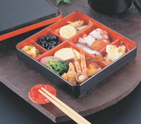 弁当箱  6.5寸角副食弁当黒木目内朱  幅198 奥行198 高さ46  プロ用