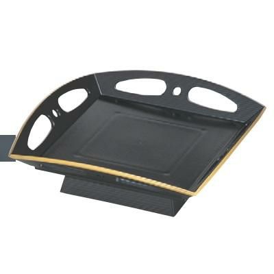 盛器 四方透かし皿黒天金足付