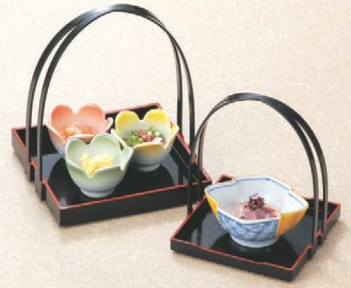 盛器 4寸目はじき手提げ盛器黒天朱