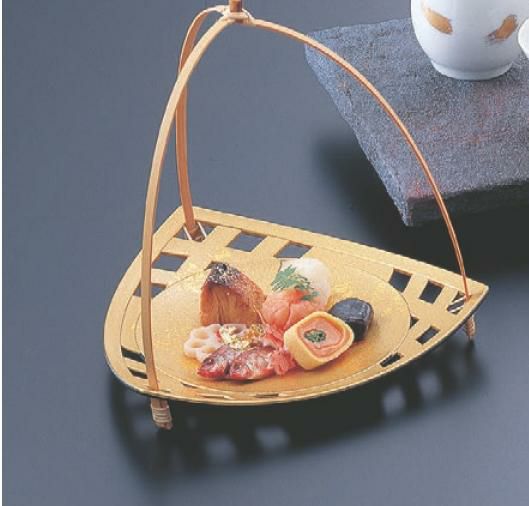 かご 手付三角皿色紙金箔 SH塗