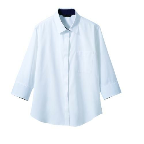 シャツ レディス ７分袖 BF2211-2 (白/ネイビー)