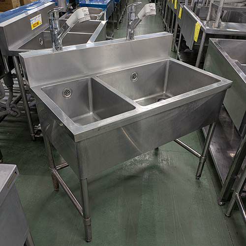 中古】二槽シンク 蛇口付き BGあり 幅1000×奥行600×高さ800 【送料別途