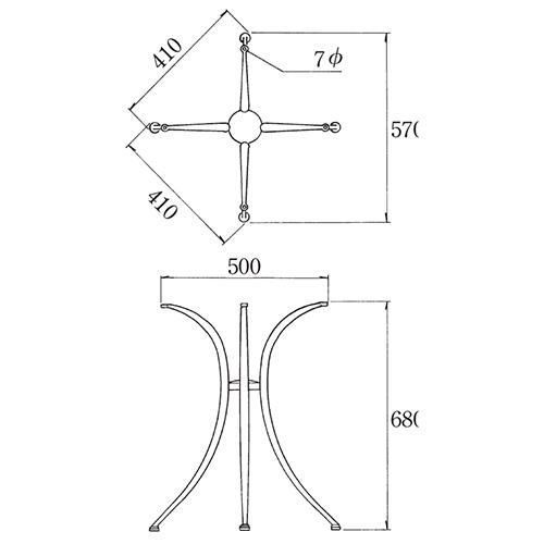 ガラステーブルシリーズ円天板（ガラスクリアー）脚・アルミダイキャスト 天板径730×ベース幅570×足間隔410×高さ695(mm)  品番：GR-400 脚：鏡面仕上げ
